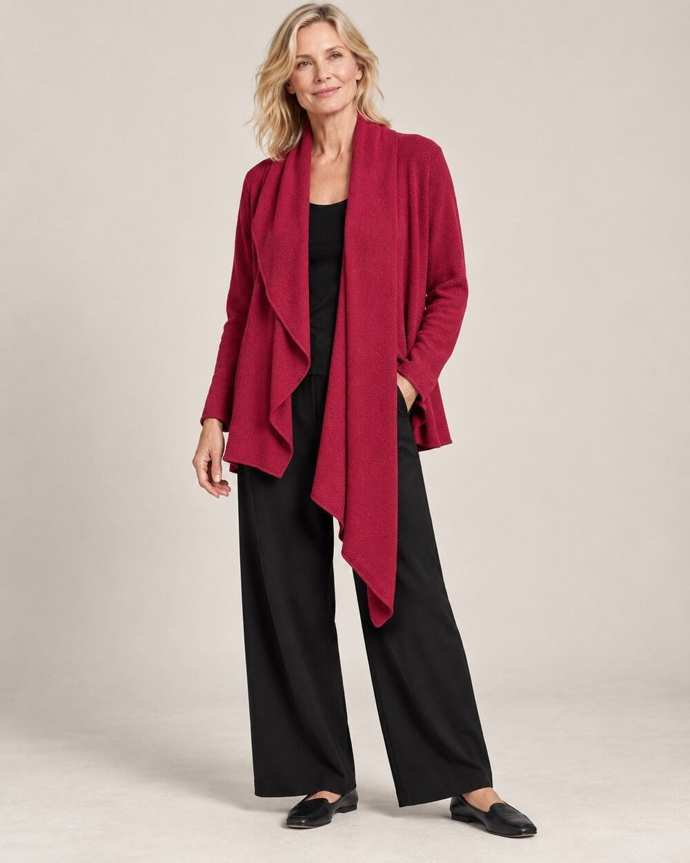 Eileen Fisher Red 100% Wool Boucle Waterfall Cardigan Shawl Collar Quiet Luxury